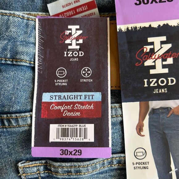 NWT Izod Mens Straight Leg Comfort Stretch Denim Jeans 30x29 Med Wash - Picture 3 of 3